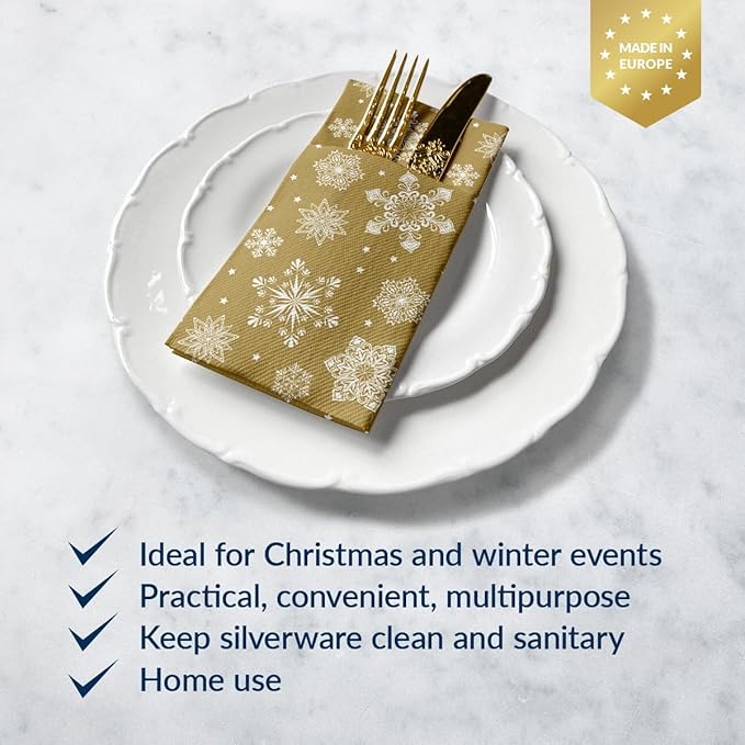 PAW - Christmas Linen Feel Napkins with Built-in Flatware Pocket, Gold Absorbent Pre-Folded Dinner Napkins with Snowlakes, Guest Towels for Xmas Dinner, Winter Holiday, Decorative Towel, 50 Count