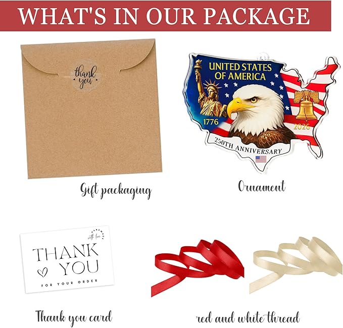 United States 250th Anniversary Ornament, 2D Acrylic 250th Anniversary USA Christmas Tree Ornament, 250 Patriotic American Flag Christmas Ornaments, Gift for US Citizens, Patriotic Collectors Decor