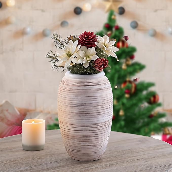 ALMA Wide Mouth Large Ceramic Vase, 12'' Tall White Rustic Pampas Grass Vase for Table Centerpieces, Boho Decorative Vase for Living Room, Farmhouse, Entryway, Mantel, Bookshelf, Home Decor