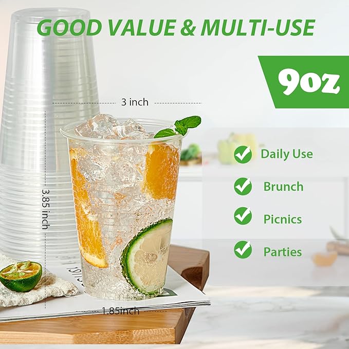 Lilymicky 1000 PACK 9 oz Clear Plastic Cups, 9 Ounce Disposable Drinking Cups for Birthday Parties, Picnics, Ceremonies, and any Events