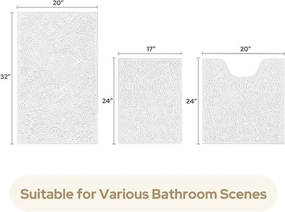 HOMEIDEAS 3 Pieces Bathroom Rugs, Ultra Soft Non Slip Absorbent Chenille Toilet Bath Mat Set (White)