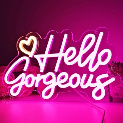 SYLHOME Hello Gorgeous Led Neon Light Sign Heart Bedroom Girls Room Wall Decor Sign Bar Beauty Studio Salon Wedding Birthday Christmas Party Decoration 11.8" X 6.8" USB