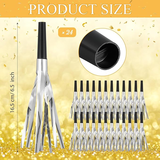 48 Pack Party Noisemakers New Years Eve Party Supplies Include 24 7.5 Inch Large Hand Clappers 24 Blowers Whistle for Aldult Birthday 2025 New Years Eve Favor(Silver)