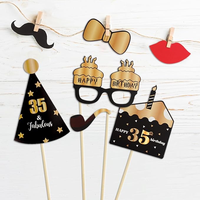 LINGTEER Happy 35th Birthday Party Photo Booth Props,Cheers to 35th Birthday 35th Years Old Bday Party Centerpieces Props Decorations Sign.