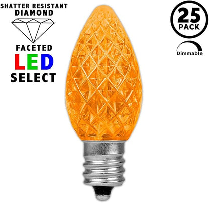 Novelty Lights 25pk Orange C7 LED Faceted Christmas Light Replacement Bulbs, Ultra Bright Dimmable Replacement Lamps for Indoor/Outdoor Light Strings