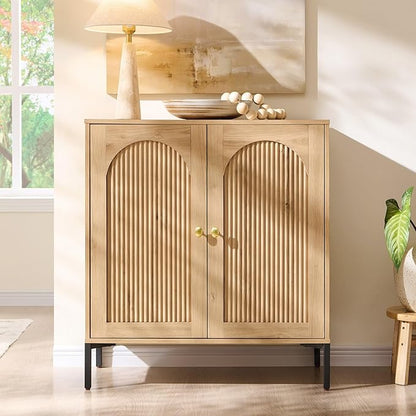 Modern Buffet Cabinet with Storage, 34" Tall Fluted Arched Sideboard Cabinet w/Adjustable Shelves, Wooden Modular Coffee Bar for Dining Room, Kitchen, Living Room, Entryway, Natural