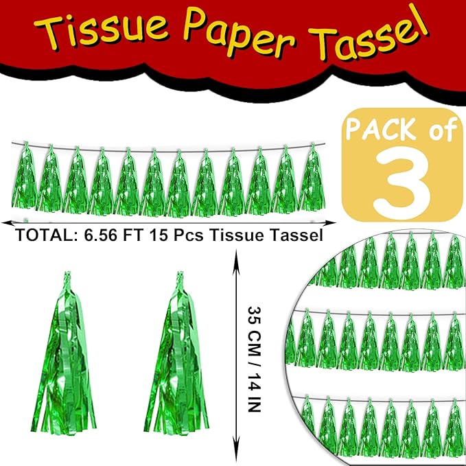 3P Green Tassel Banner Garland Metallic Foil Fringe Banner Tinsel Tassels Streamer Banner Backdrop for Parade Floats, 2025 Graduation Decorations, Father's Day Party Decoration