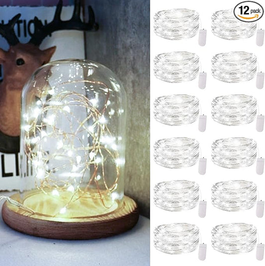 12 Pack Fairy Lights Battery Operated String Lights，7FT 20LED Waterproof Silver Wire Christmas Lights Outdoor,Firefly Mini Lights for Bedroom Party Birthday Wedding Indoor Decorations Home Decor