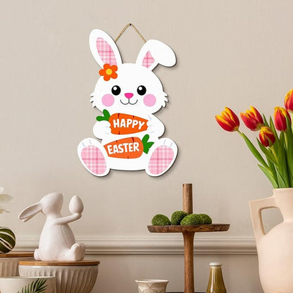 Kercan Easter Cross Wall Decoration with Purple Fabric, White Lily Flowers and Dove, He is Risen Wood Sign, 14.2x9.8 Inch Religious Home Decor (Rabbit-B)
