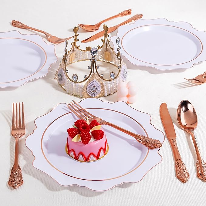 WDF 120-Piece Rose Gold Plastic Silverware - Heavy Duty Disposable Rose Gold Cutlery Set - Includes 40 Forks, 40 Spoons, 40 Knives for Wedding