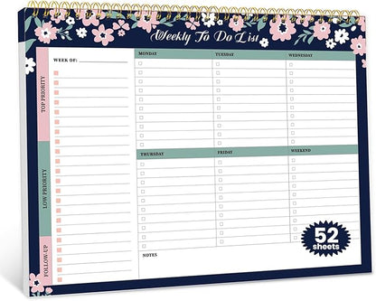 Weekly To Do List Notepad with 52 Undated Sheets（8.5"×11"）- Undated Weekly Planner Notepad for Office Desk Accessories and Supplies - Navy Blossom