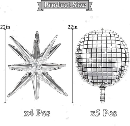 OuMuaMua Disco Ball Balloons for 70s Disco Party Decor, 22 Inch Large 4D Metallic Silver Disco Balloons with Stars Balloon for Themed Party, Birthday New Year Christmas Decor 9pcs
