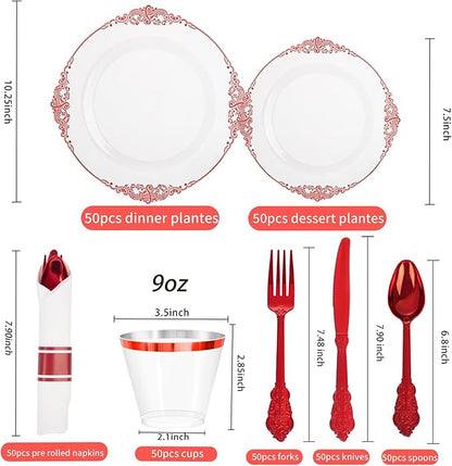 Hioasis 350pcs Clear Red Plastic Plates - Elegant Disposable Dinnerware Set Suitable for 50 Guests Include 10.25" Dinner & 7.5" Dessert Plates, Pre Rolled Silverware Set, Cups for Party & Wedding
