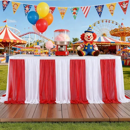 Red White Striped Table Skirt Tulle Circus Table Skirts for Rectangle Table 6ft for Birthday Carnival Circus Party Decorations