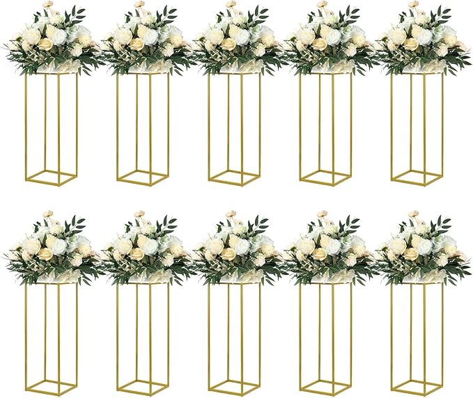 YALLOVE 10 Pack 23.75 Inch Gold Wedding Flower Stand Metal Vase Column Stand Geometric Centerpiece Vase for Home Party Wedding Decorations, Rectangular Flower Display Rack