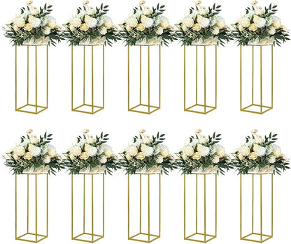 YALLOVE 10 Pack 23.75 Inch Gold Wedding Flower Stand Metal Vase Column Stand Geometric Centerpiece Vase for Home Party Wedding Decorations, Rectangular Flower Display Rack