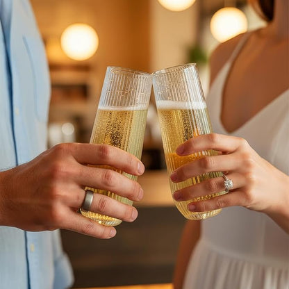 Goodluck 24pack Clear Disposable Champagne Flutes，9oz Stemless Champagne Flutes,Stemless Disposable Clear Plastic Toasting Glasses for Weddings, Birthday Parties, Family Gatherings, Bars etc