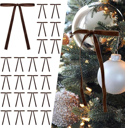 SIMISI RIBBON 24 Pcs Brown Velvet Christmas Tree Bows Door Garland Decor Vintage Wreath Bow (3/8'' Wide, 5 * 7 inch)
