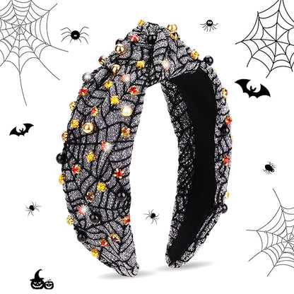 Halloween Headbands for Women, Spider Web Black Pearl Rhinestone Wide Jeweled Knotted Headband, Crystal Beaded Jeweled Top Knot Embellished Headband Hair Accessories Halloween Birthday Gift