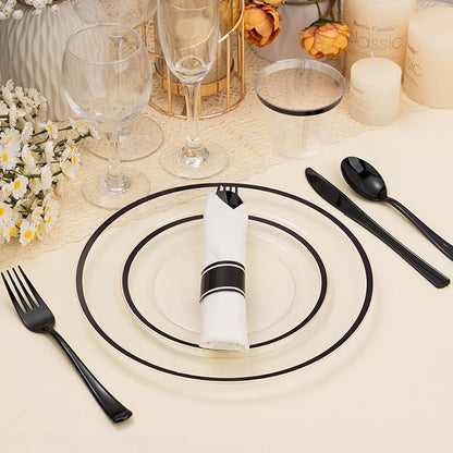 BESTSTAR 175PCS Clear and Black Disposable Plates Set for 25 Guests, 50 Plastic Plates, 25 Cups, 25 Pre-Rolled Napkins with Plastic Cutlery for Party, Birthday, Wedding, Thanksgiving, Christmas