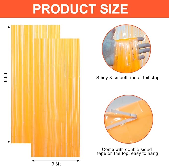 Glow in The Dark Party Supplies, 2 Pack Macaron Orange Foil Fringe Curtains, 3.3 x 6.6 ft Blacklight Reactive Fluorescent Tinsel Backdrop Neon Luminous Streamers for Birthday Photo Booth Prop