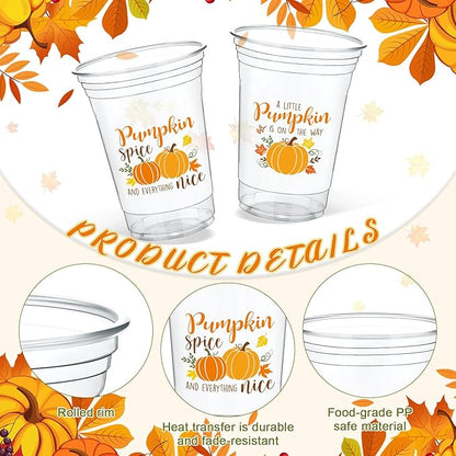 Meanplan 50 Pcs 12oz Fall Baby Shower Party Plastic Cups A Little Pumpkin is On The Way Disposable Clear Cups for Thanksgiving Autumn Baby Shower Gender Reveal Supplies Decorations(Orange)