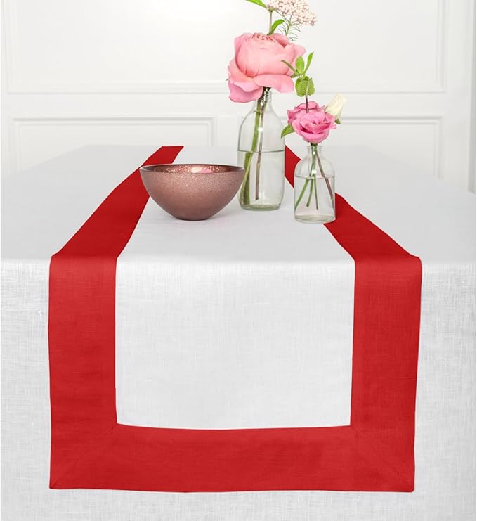 Solino Home Linen Table Runner 120 Inches Long - Red and White 100% Pure Linen 14 x 120 Inch Table Runner for Dining, Christmas, Holiday, Winter, New Year - Contempo