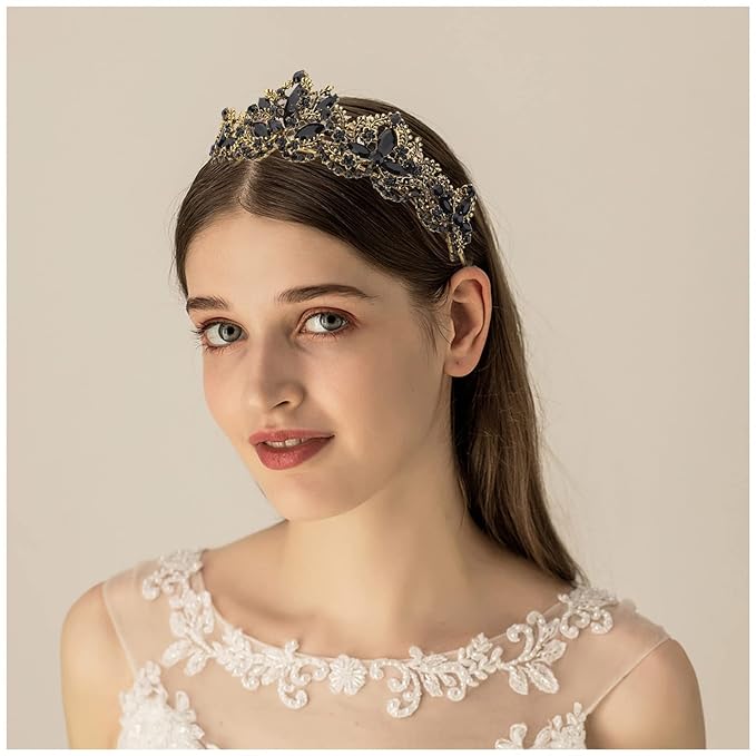 Black Tiara for Women Gold Crown for Girls Wedding Princess Birthday Crystal Rhinestones Headbands for Prom Bridal Party Halloween Costume Christmas Gift