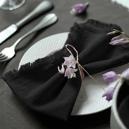 Handmade Cloth Napkins 100% Cotton Napkins with Fringe，Delicate Handmade Cloth Napkins for Dinners, Parties, Weddings and More，18 x 18 Inch Set of 6 - Black