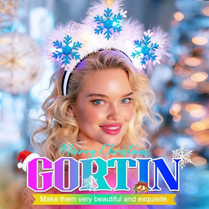 GORTIN Light up Snowflake Christmas Headbands LED Xmas Headpiece White Feather Glowing Hair Band Holiday Hair Accessories for Women and Girls