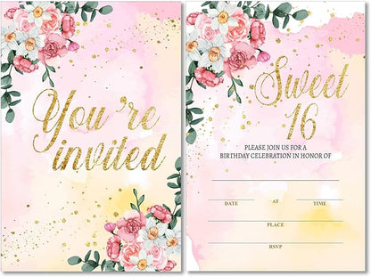 Soiceu Floral Gold Foil Sweet Sixteen Birthday Party Invitations with Envelopes Set of 20 Gold Glitter Pink Flowers Sweet 16 16th Birthday Party Invites