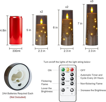 Raycare Flameless Candle with Remote Timer, 7 Flickering Acrylic Battery Operated LED Pillar Candles with Embedded Star String for Christmas, Home Decor, and as a Gift(Grey)