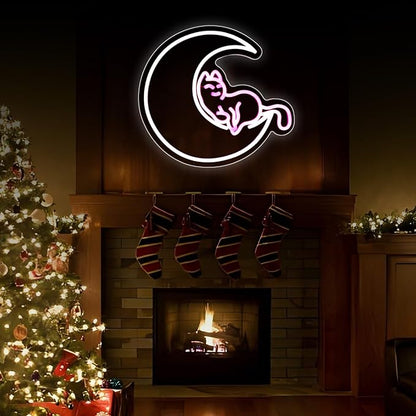 Neon Sign, HSJNJKFU Moon Cat Neon Signs for Wall Decor White Pink LED Cat Signs for Man Cave Room Home Party Birthday Beer Signs - Neon Light USB Powered
