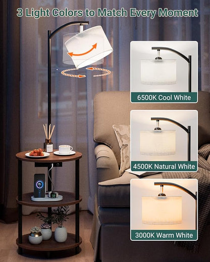 Round Side Table with Lamp and USB Ports, 3-Tier Small End Table for Living Room & Bedroom, Rustic Wood Metal Nightstand for Small Spaces, Easy to Assemble, Rustic Walnut