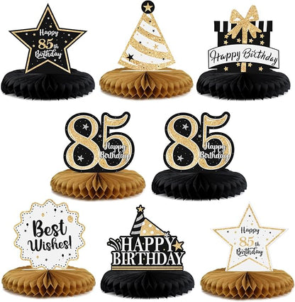Happy 85th Birthday Decorations,85th Bday Gold Glitter Shiny Stand Honeycomb Table Centerpieces - Cheers to 85 Years Old Birthday Party Photoprop Gift Sign.