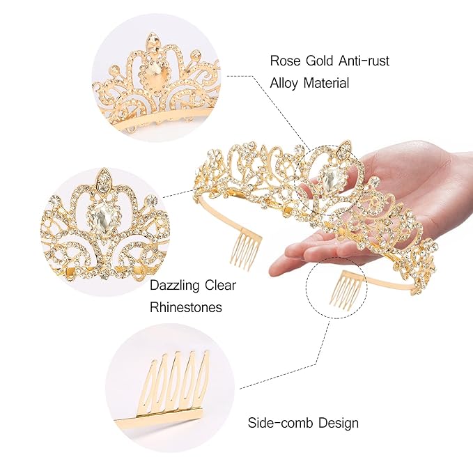 CIEHER 12 PCS Gold Crowns for Women, Crystal Queen Crown Princess Tiaras for Prom Birthday Party Halloween Costume