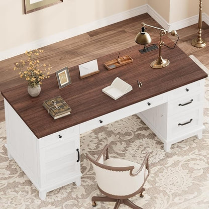 60 Inch Farmhouse Executive Desk with File Drawers for Home Office, Large Computer Desk with Storage Cabinet & Charging Station, Wooden Writing Table with Power Outlets & USB Ports for Work Study