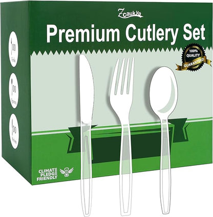 Zcaukya 300 Count Clear Plastic Silverware Set, 100 Forks, 100 Spoons, 100 Knives, Heavy Duty Disposable Cutlery Set Utensils Bulk for Parties, Events, Catering, Everyday Use