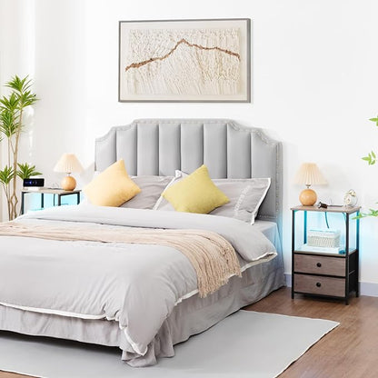 Night Stand Set 2, LED Nightstand with Charging Station, End Tables with Storage Shelf, Bedside Table with 2 Fabric Drawers for Bedroom, Small Spaces, Grey HETS02PGY
