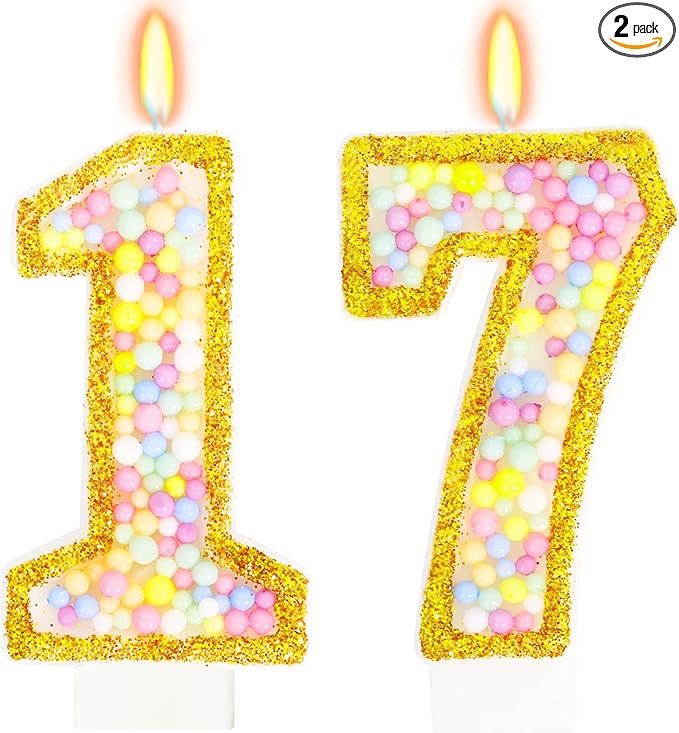 17th Birthday Candle for Cake, Colorful Macaron Numeral Candles for Boys/Girls, Birthday Party Cake Decorations, Golden Cake Topper for Birthday Party Supplies (Number 17)