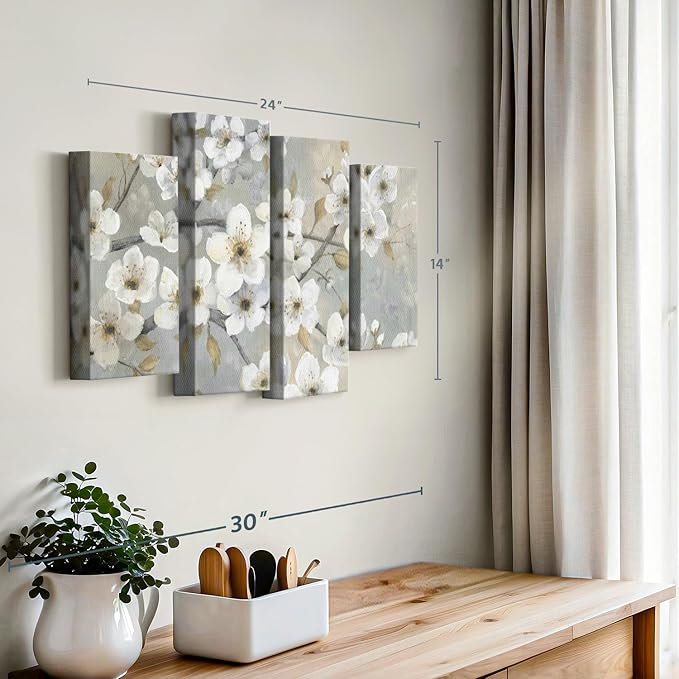 ElephantStock Golden Garden Wall Art - Horizontal Canvas - 4-Piece Living Room Wall Decor - Leaves Painting Canvas Print - Gray and Beige Decor for Wall by Nan - 24" X 14"