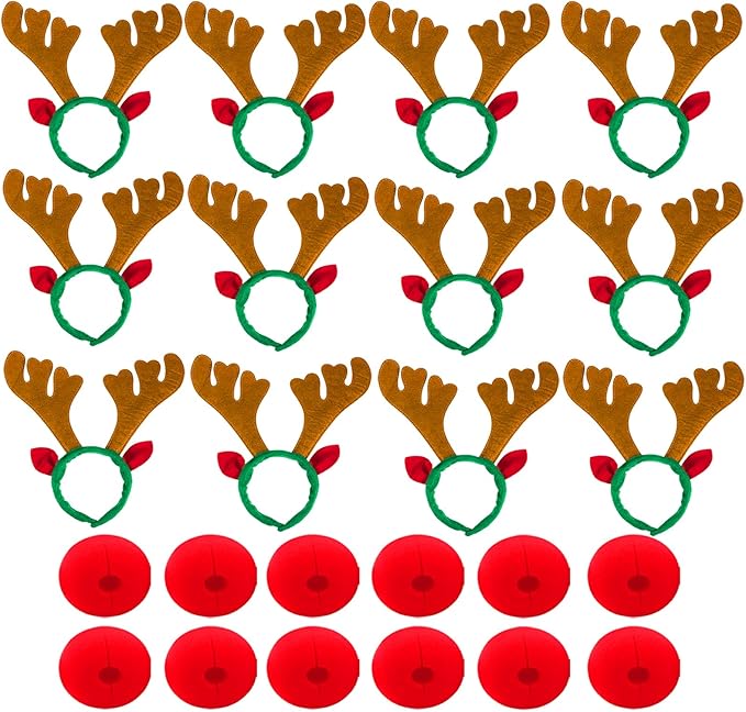 YUMUWBL 12 PCS Christmas Reindeer Antlers Headbands with 12 PCS Red Noses, Xmas Headbands Bulk Deer Headband with Ears, Xmas Antlers Hair Hoops for Christmas Party Holiday Decorations