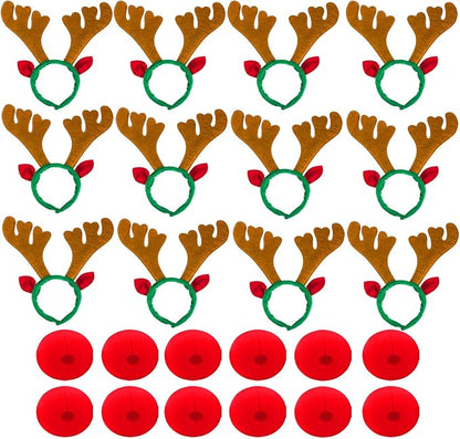 YUMUWBL 12 PCS Christmas Reindeer Antlers Headbands with 12 PCS Red Noses, Xmas Headbands Bulk Deer Headband with Ears, Xmas Antlers Hair Hoops for Christmas Party Holiday Decorations