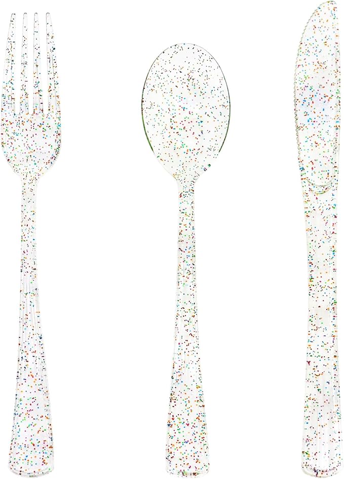 150 Pack Clear Plastic Silverware - Disposable Cutlery with Colorful Design, Includes 50 Forks, 50 Knives, 50 Spoons for Birthday, Wedding, Baby Shower