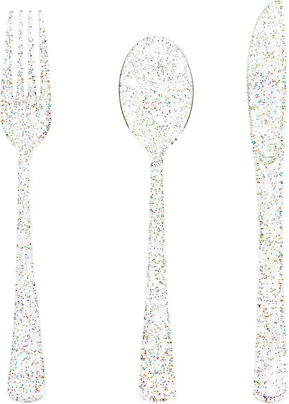 150 Pack Clear Plastic Silverware - Disposable Cutlery with Colorful Design, Includes 50 Forks, 50 Knives, 50 Spoons for Birthday, Wedding, Baby Shower