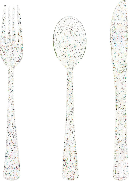 150 Pack Clear Plastic Silverware - Disposable Cutlery with Colorful Design, Includes 50 Forks, 50 Knives, 50 Spoons for Birthday, Wedding, Baby Shower