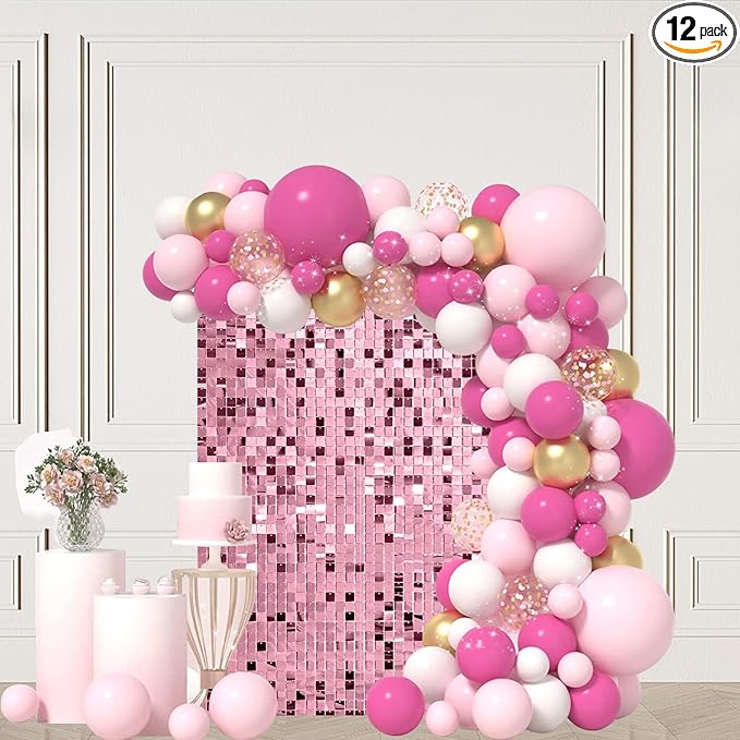 Pink Shimmer Wall Backdrop 12 Panels Cover 4 x 3 Ft, Photo Backdrops for Wedding,Anniversary,Birthday,Party Decoration