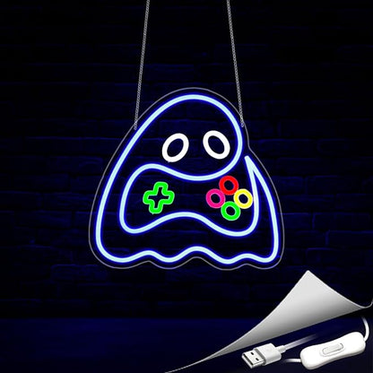 Game Ghost Neon Sign, Neon Signs for Wall Decor Gaming Room LED Light Up Signs Home Decor for Boys Bedroom Club Party Bar Shop USB Operated