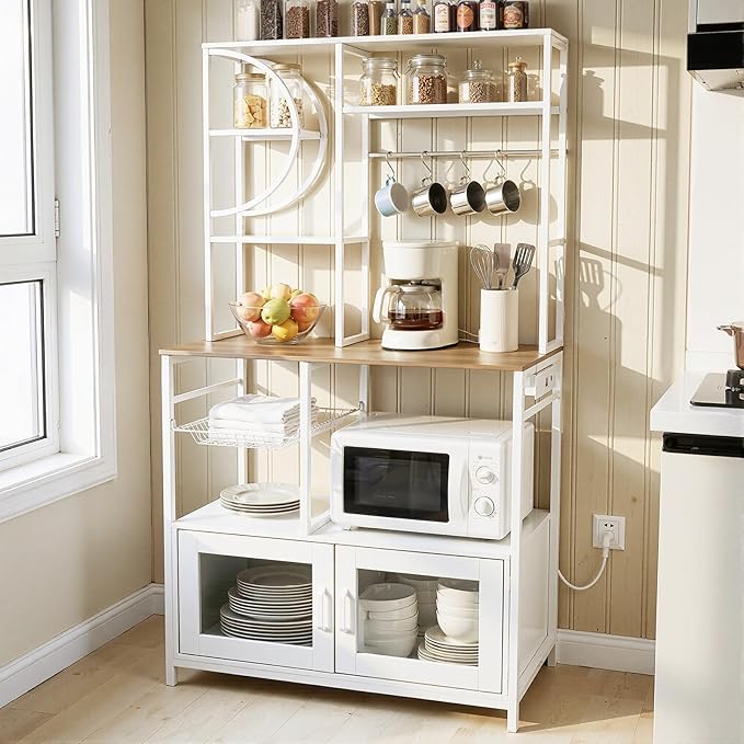 Uieke Bakers Rack with Power Outlet and Storage, Kitchen Bakers Rack with Cabinet & 10 Hooks, Coffee Bar Cabinet, Microwave Stand, 5 Tiers Kitchen Storage Rack for Dining Room & Small Spaces, White