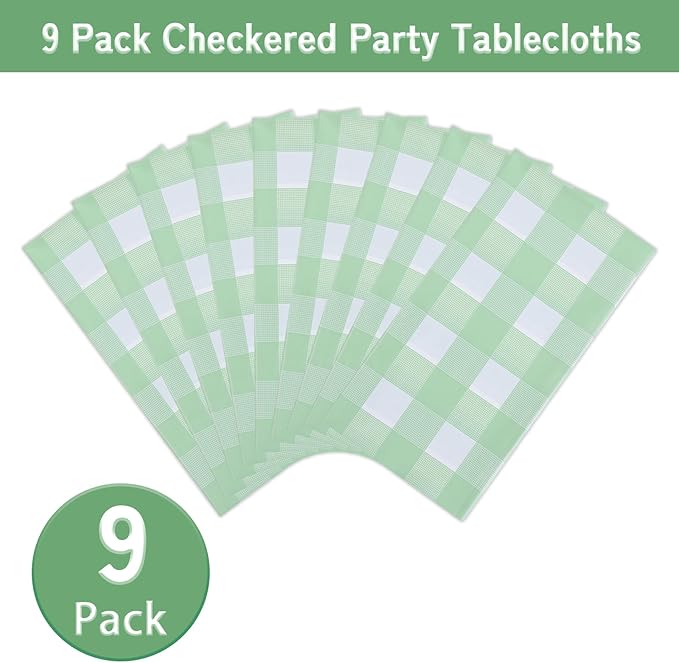 Kesfey 9 Packs Sage Green Gingham Tablecloth Sage Green and White Checkered Table Cloths 54 x 108 Inches Disposable Plastic Gingham Tablecovers Waterproof Picnic Camping Table Covers for Baby Shower